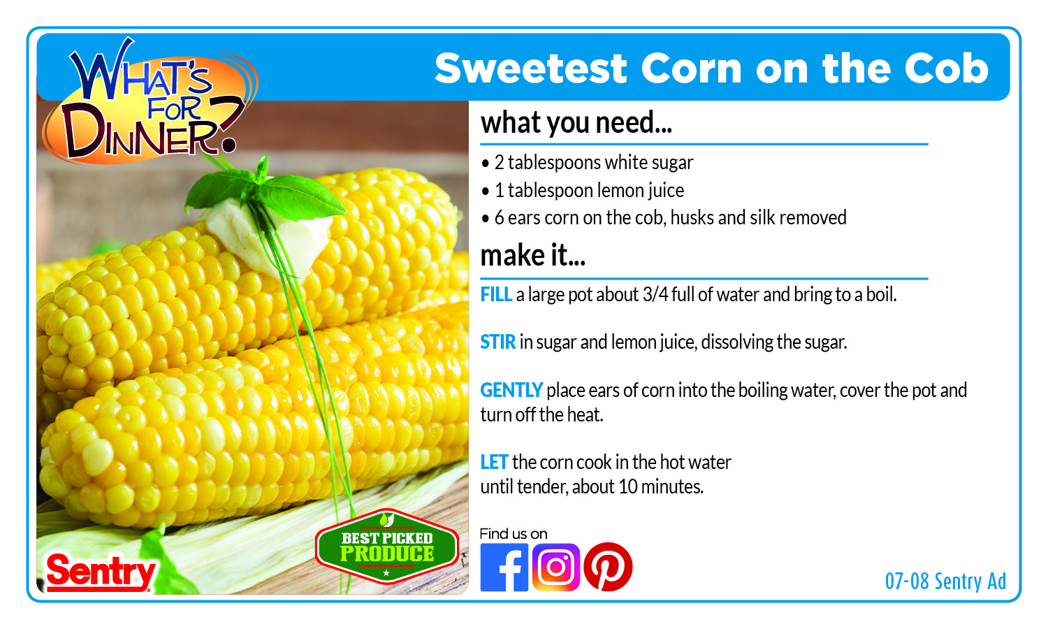 Sweetest Corn on the Cob Recipe Card