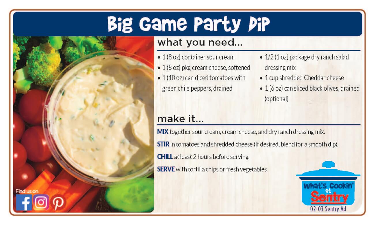 Big Game Party dip Recipe Card