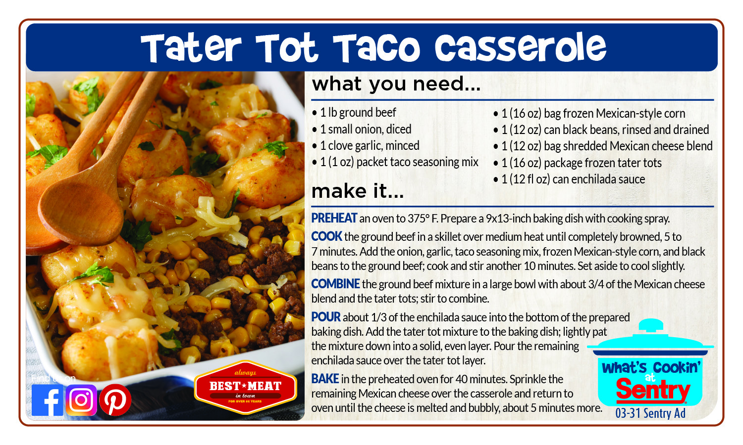 Tater Tot Taco Casserole Recipe Card